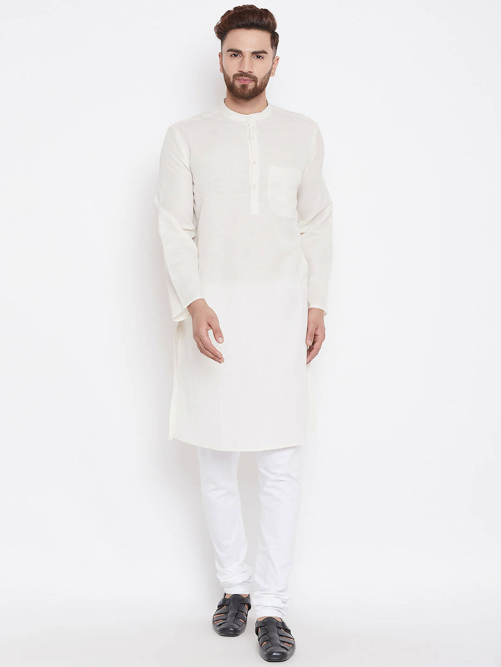 Even Apparels Cream Linen Men's Kurta With Band Collar
