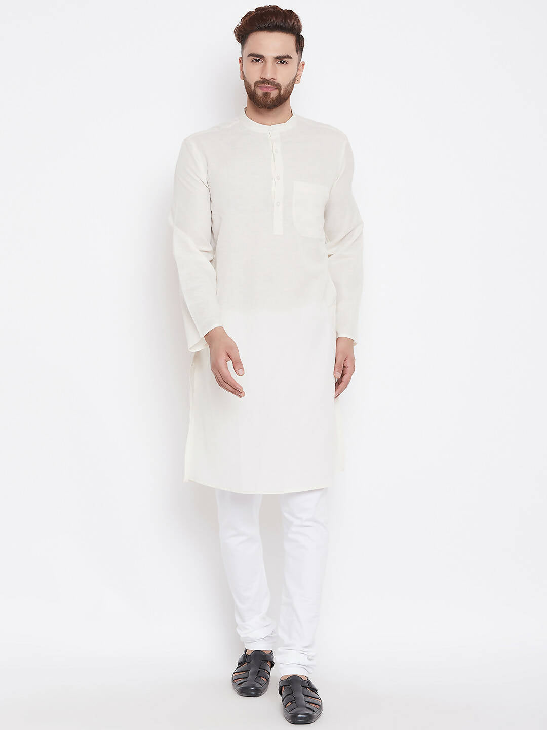 Even Apparels Cream Linen Men's Kurta With Band Collar