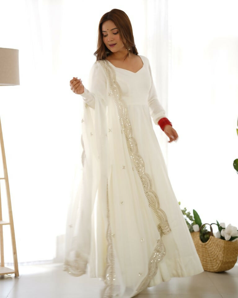 Teeya Creation White Color Pure Roman Silk Chanderi Party Wear Fully Stitched Gown