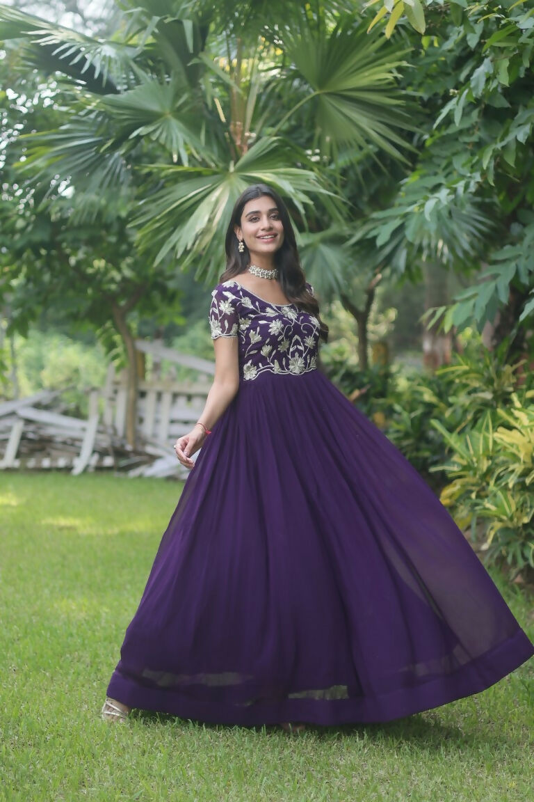 Jyoti Fashion Women's Purple Sequins Embroidered Faux Georgette Anarkali Dress