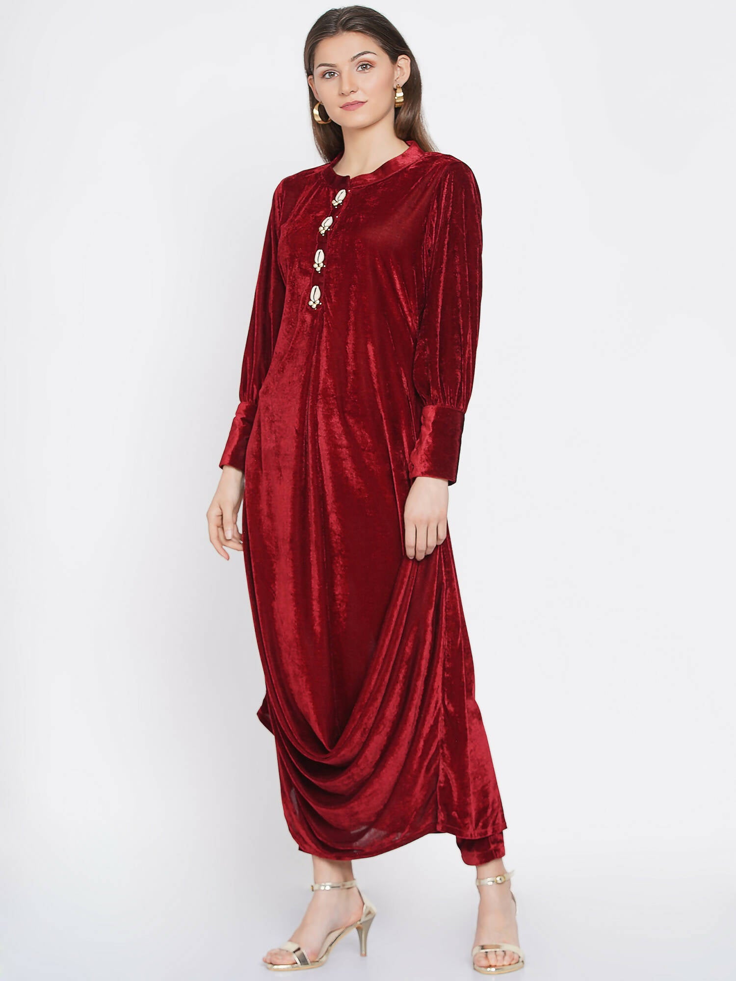 Women Republic Maroon Velvet Cowl Style Kurta With Pants
