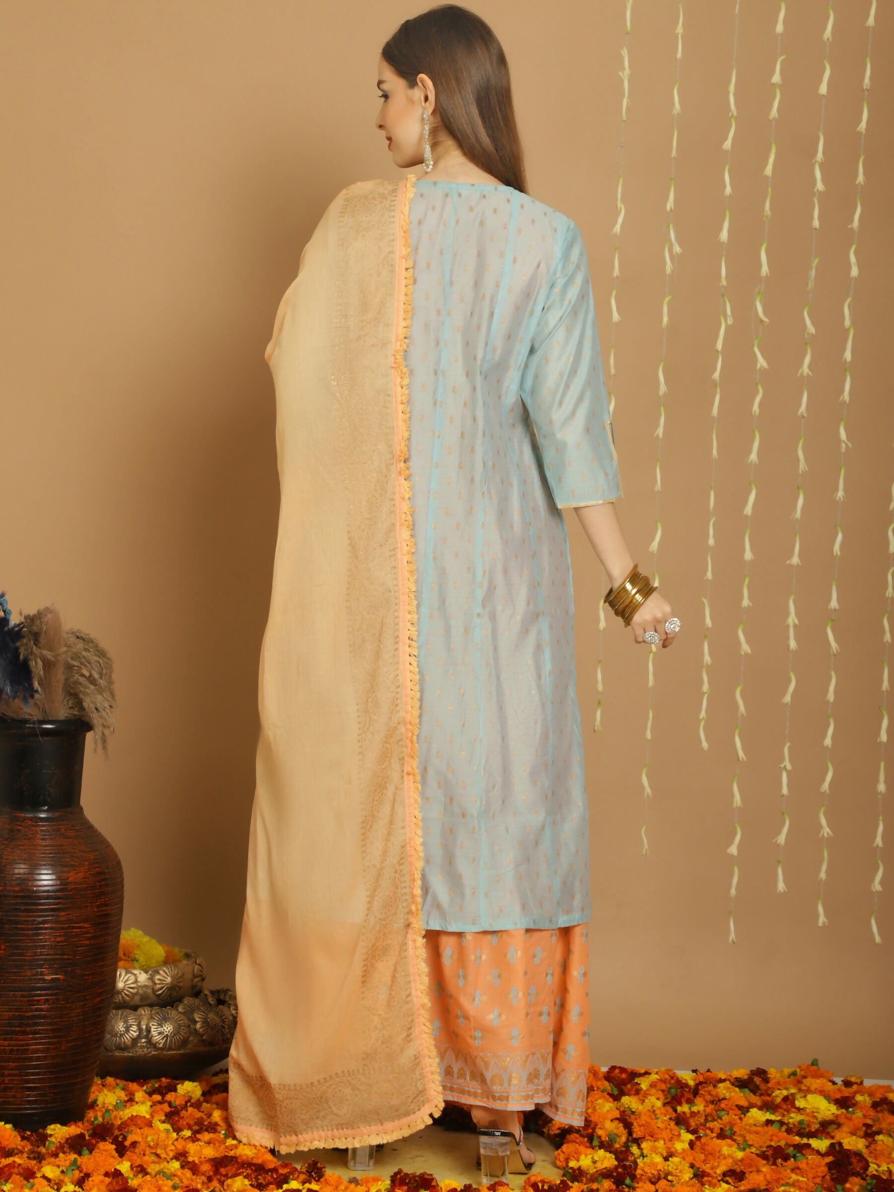 Jyoti Fashion Women's Turquoise Chanderi Silk Elegant Jardoshi Kurta with Trouser & Dupatta