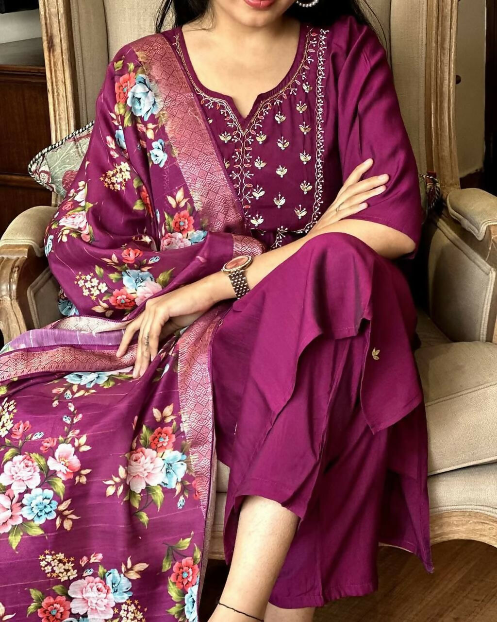 The52 Wine Women's Gorgeous Embroidered Rayon Fabric Straight Kurta Pant with Dupatta Set