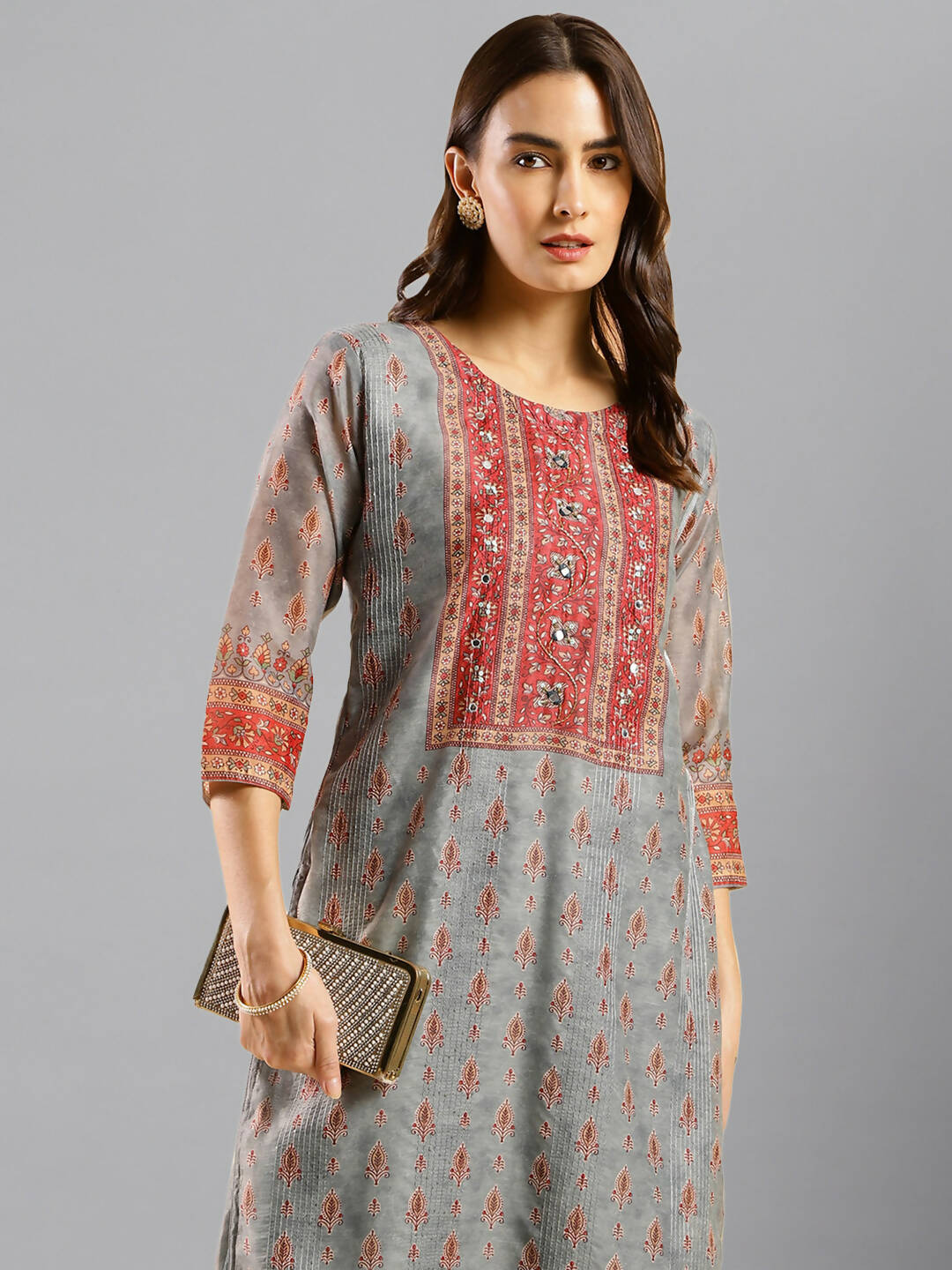 Grey Chinon Digital Printed With Hand Work Kurta - Himanshi