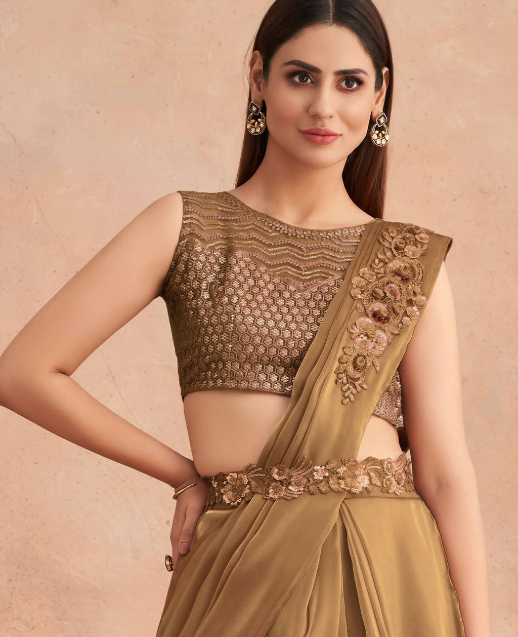 Beige Satin Embroidered Ready To Wear Saree With Unstitched Blouse Piece - Nandika