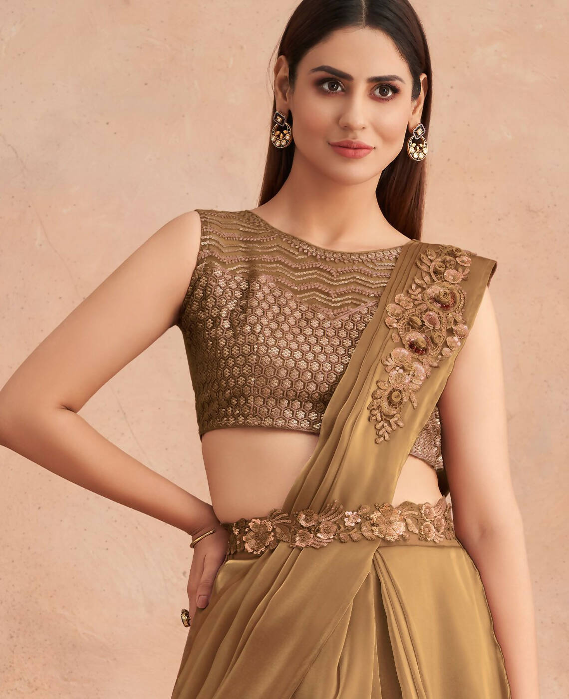 Beige Satin Embroidered Ready To Wear Saree With Unstitched Blouse Piece - Nandika