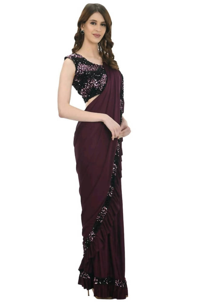 Mominos Fashion All Season Wear Wine And Black Colour Ruffled Ready To Wear Saree