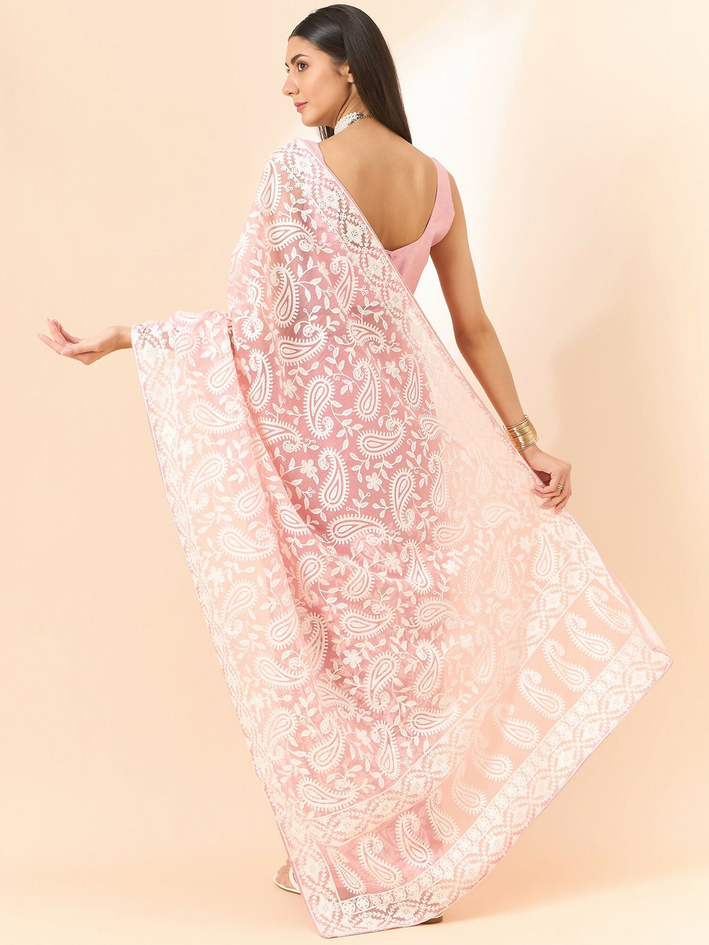 Pink Organza Paisely Embroidered Saree with Unstitched Blouse Piece - Roozal