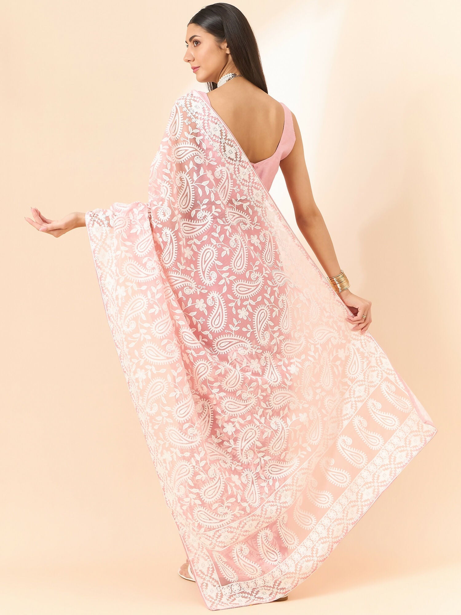 Pink Organza Paisely Embroidered Saree with Unstitched Blouse Piece - Roozal