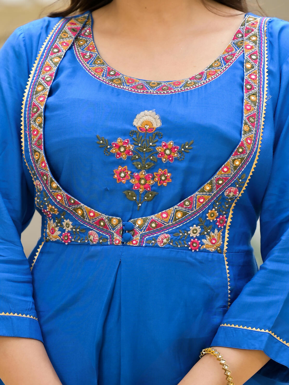 Juniper Women's Blue Solid Viscose Kurta Pant With Dupatta Set With Thread & Mirror Work