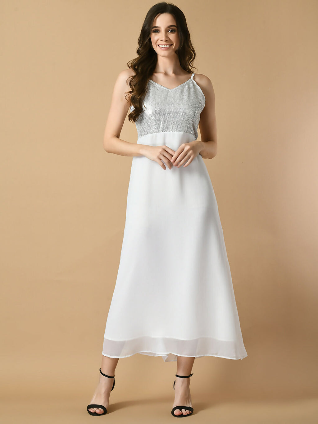 Myshka Women's White Solid Georgette Party Dress