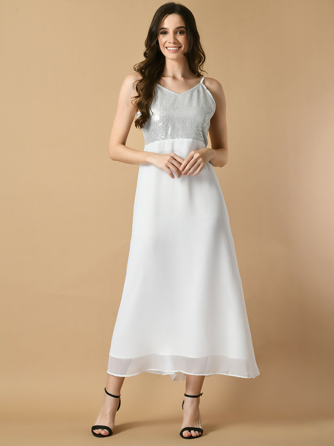 Myshka Women's White Solid Georgette Party Dress