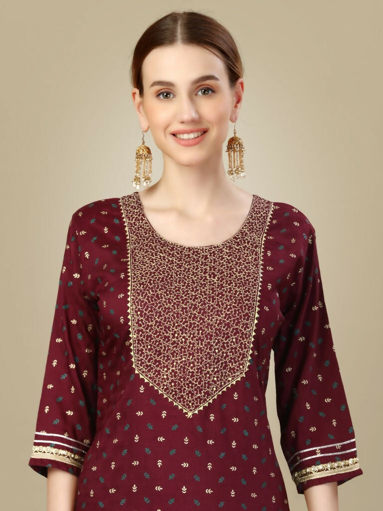Jyoti Fashion Women's Maroon Silk Blend Embroidery & Sequence work Kurta with Trouser & Dupatta