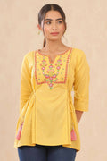 Juniper Women Yellow Cotton Dobby Embroidered A-Line Tunic