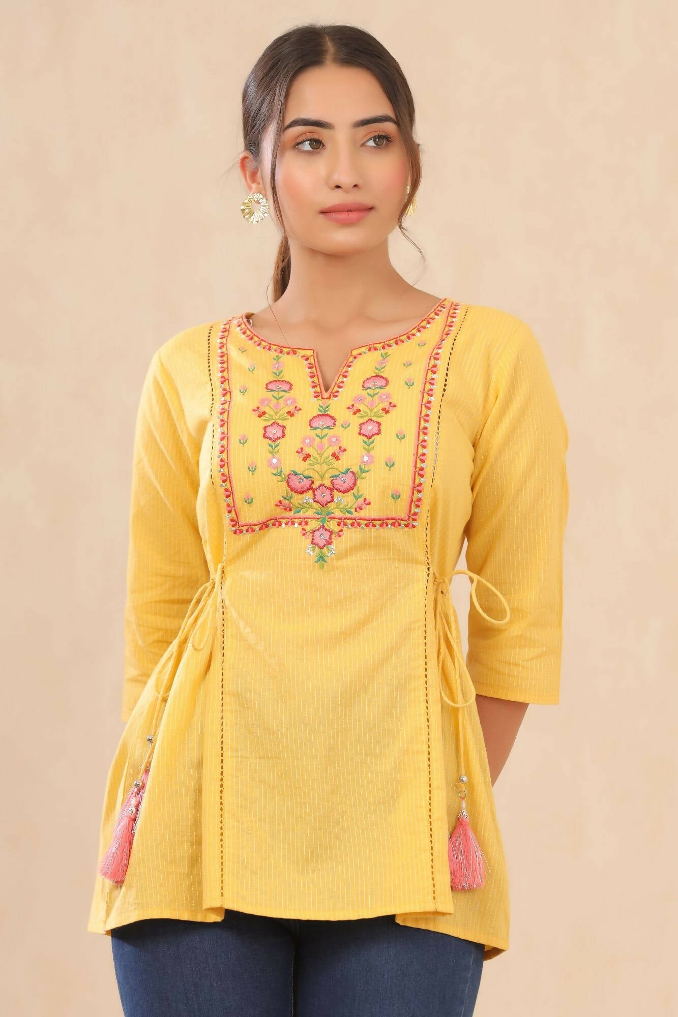 Juniper Women Yellow Cotton Dobby Embroidered A-Line Tunic