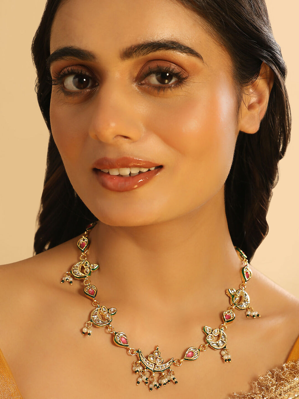 Nuyug 22K Gold Plated Regal Enamel Bloom Pearl Drop Necklace