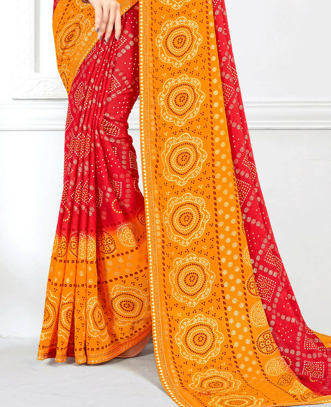 Red & Yellow Georgette Bandhani Printed Saree With Unstitched Blouse Piece - Jyoti