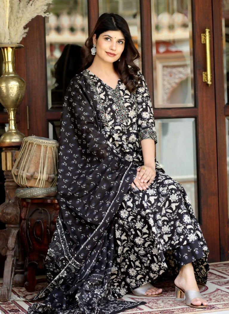 Miravan Women's Black Cotton Embroidered Attractive Anarkali Kurta And Palazzo With Dupatta Set