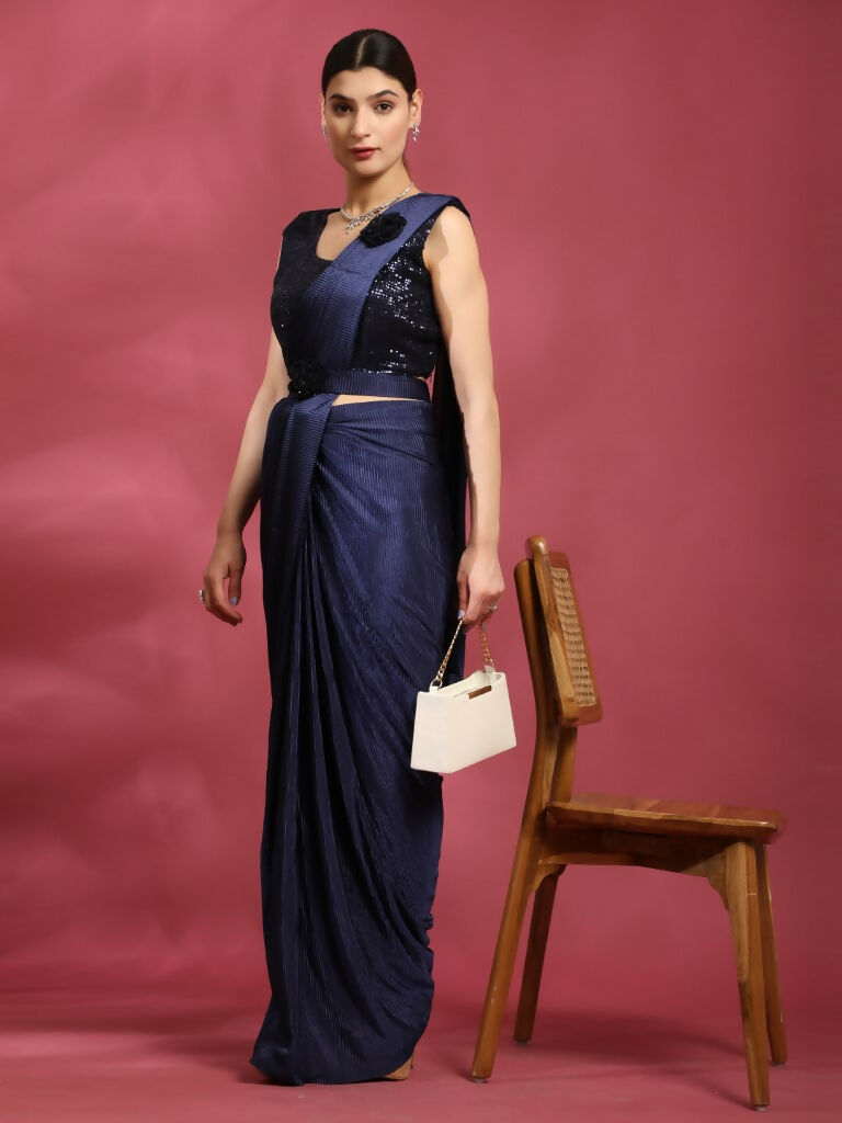 Blue Imported Crush Lycra Texture Pattern Ready to Wear Saree with stitched Blouse - Nirvana