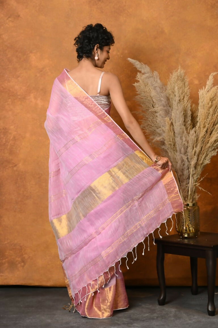 Very Much Indian Handloom Pure Cotton Linen Saree With Golden Border - Pink