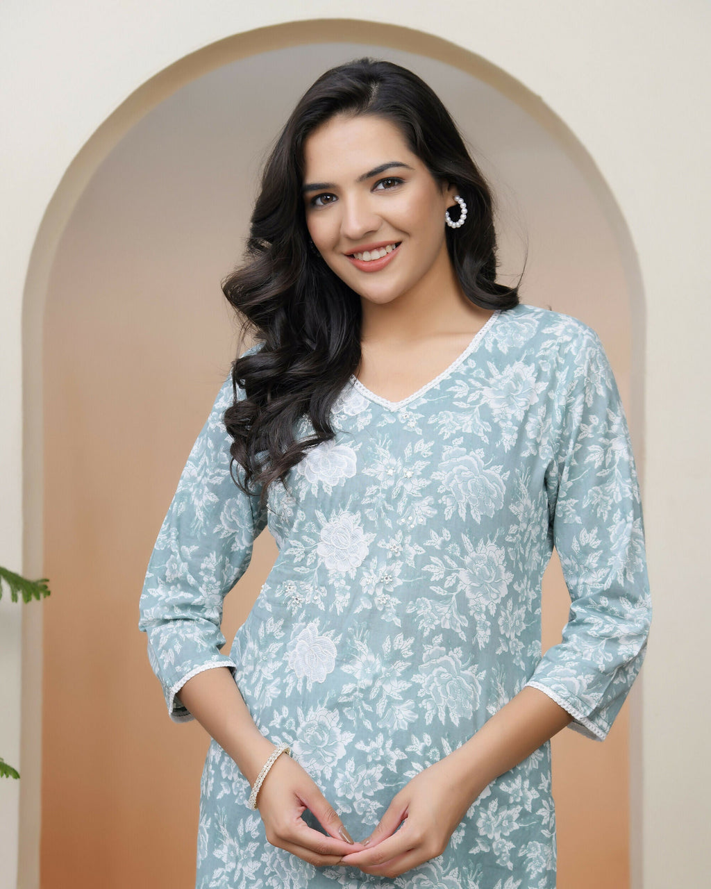 Vaasva Women Mint Cotton Printed Straight Kurti With Pant