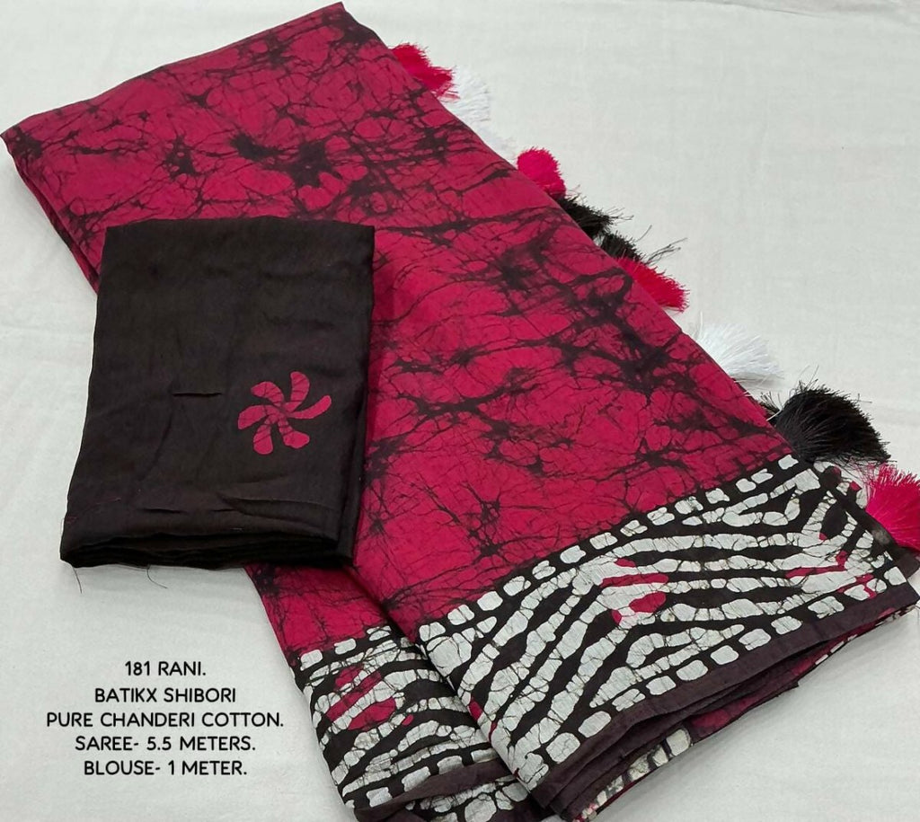 Arfa Fashion House Rani Pink Pure Chanderi Cotton Batik Printed Saree