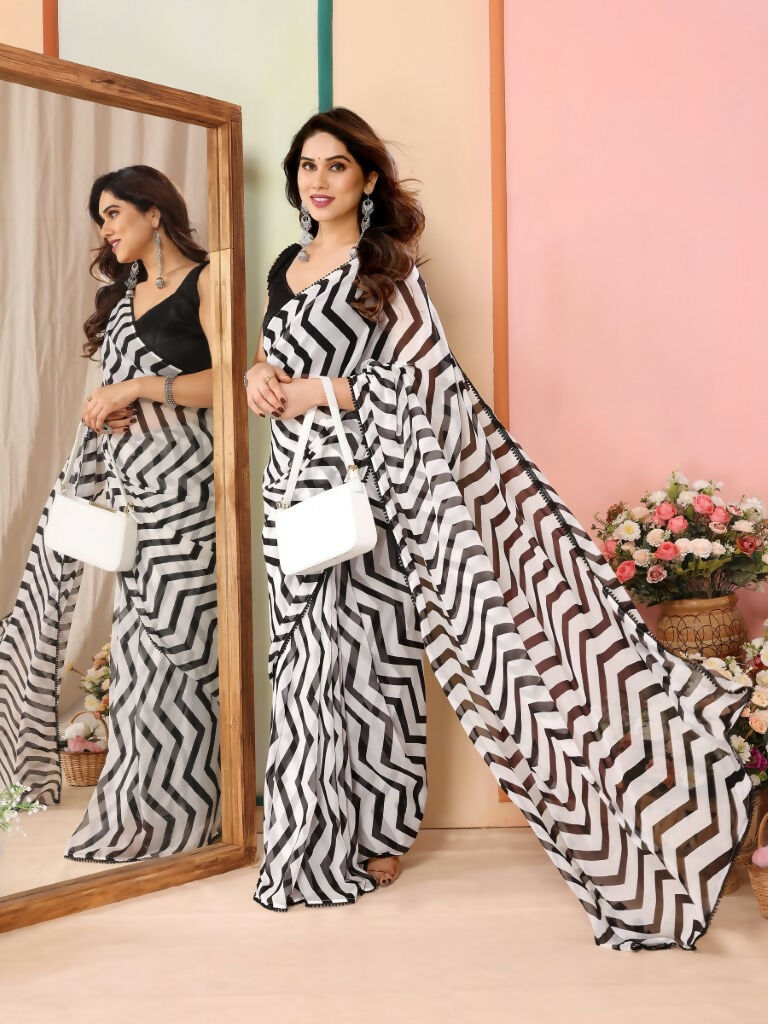 Partywear Designer Black & White Georgette Fancy Saree - Satrangi