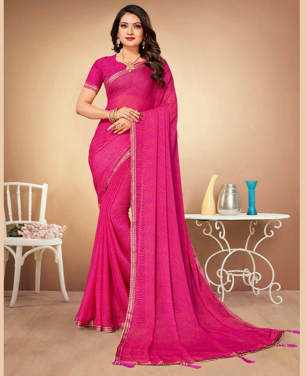 Pink Chiffon Leheriya Printed Saree With Unstitched Blouse Piece - Swarna