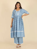 Aramya Blue Rayon Ikat Print Anarkali Kurta Set for Women