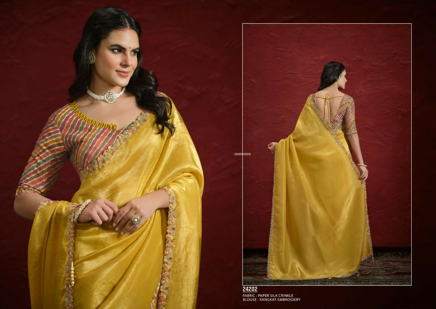 Mustard Crush Paper Silk Sequence with Handwork Saree with Stitched Blouse - Mohmanthan Aaina