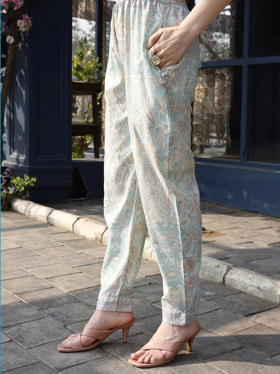Sky Blue Rayon Paisley & Floral Printed Top with Matching Bottom - Eesha