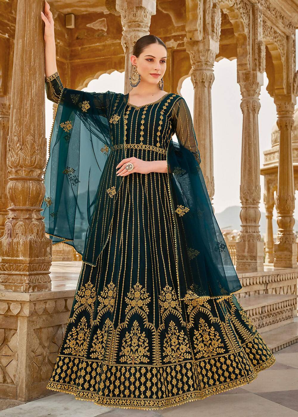 Heavy Stone Embroidered Peacock Blue Designer Anarkali Suit - Emponline