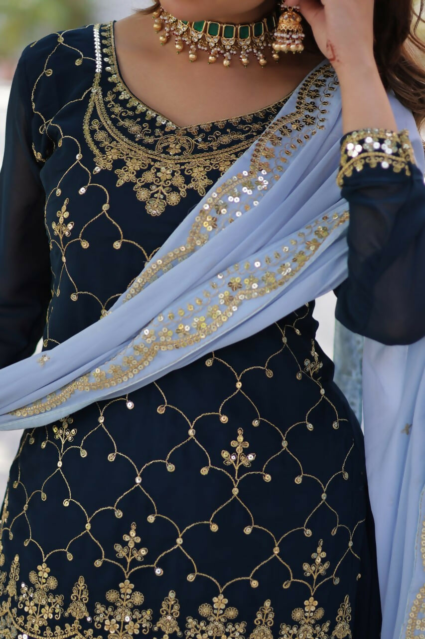 Vastranavya Faux Blooming with Sequins Embroidered Kurti, Palazzo & Dupatta - Teal