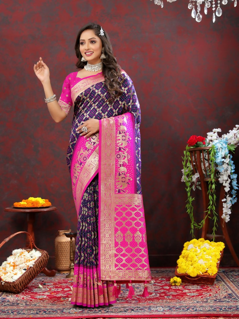 Vastranavya Navy Blue Soft Patola Silk With Meenakari Weaving Motifs And Rich Zari Weaving Pallu Saree With Matching Blouse Fabric