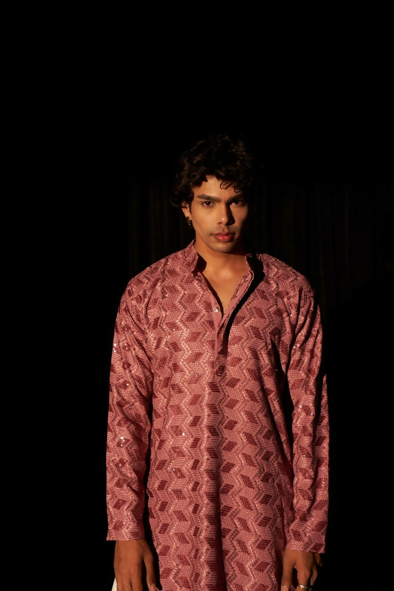 Pink viscose Chikankari Embroidery Work Men's Traditional Kurta Set - Mahotsav