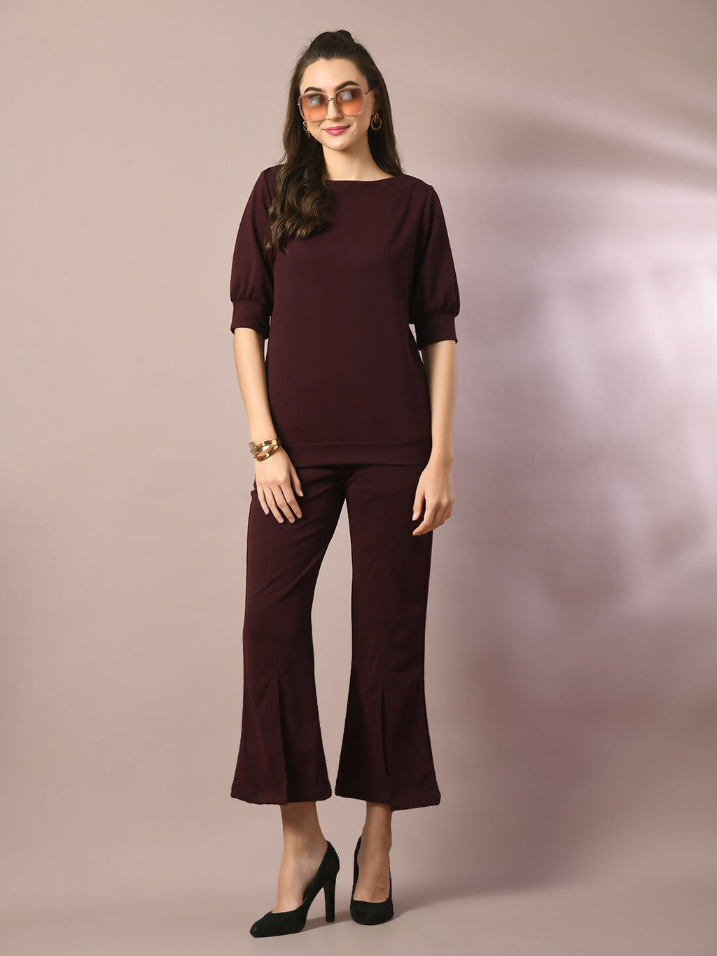 Myshka Women's Coffee Brown Solid Boat Neck Party Top