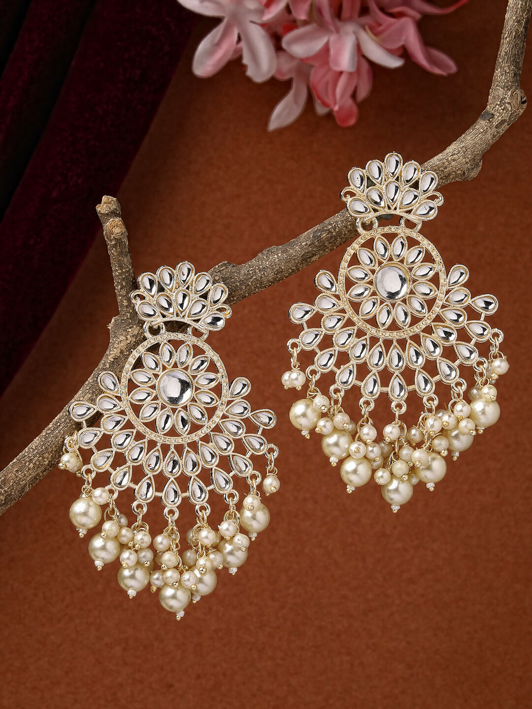 NVR Women Gold-Polished Kundan Chandbali Earrings