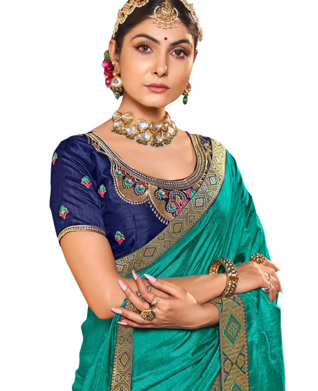Sea Green Solid Vichitra Saree With Unstitched Blouse Piece - Selena