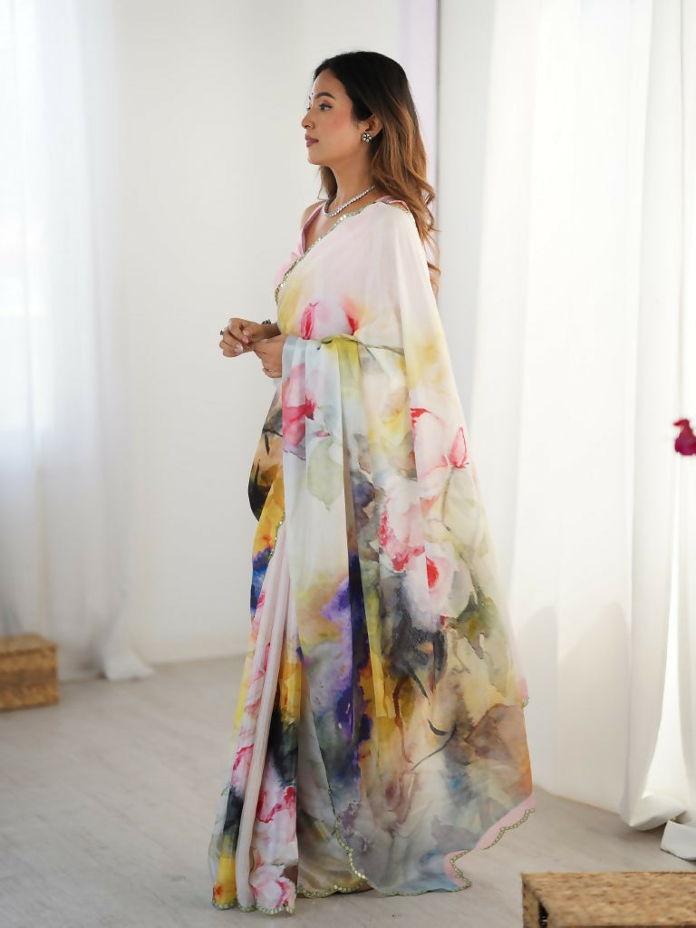 Multi Chinon Designer Digital Printed,Mirror Cut Work Saree - Elayna