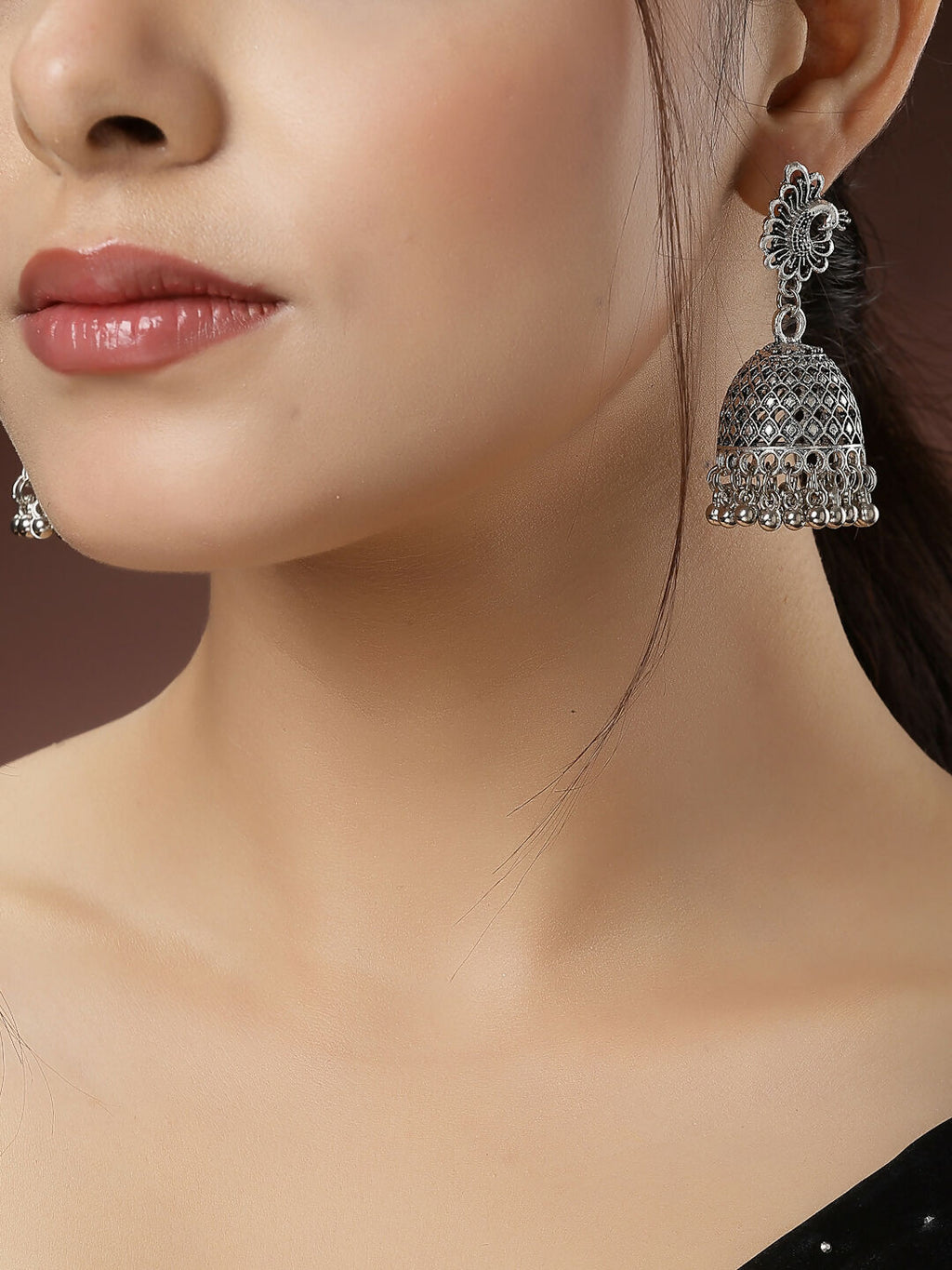 NVR Women's Silver-Toned Peacock Design German Silver Oxidised Dome Shaped Jhumka Earrings