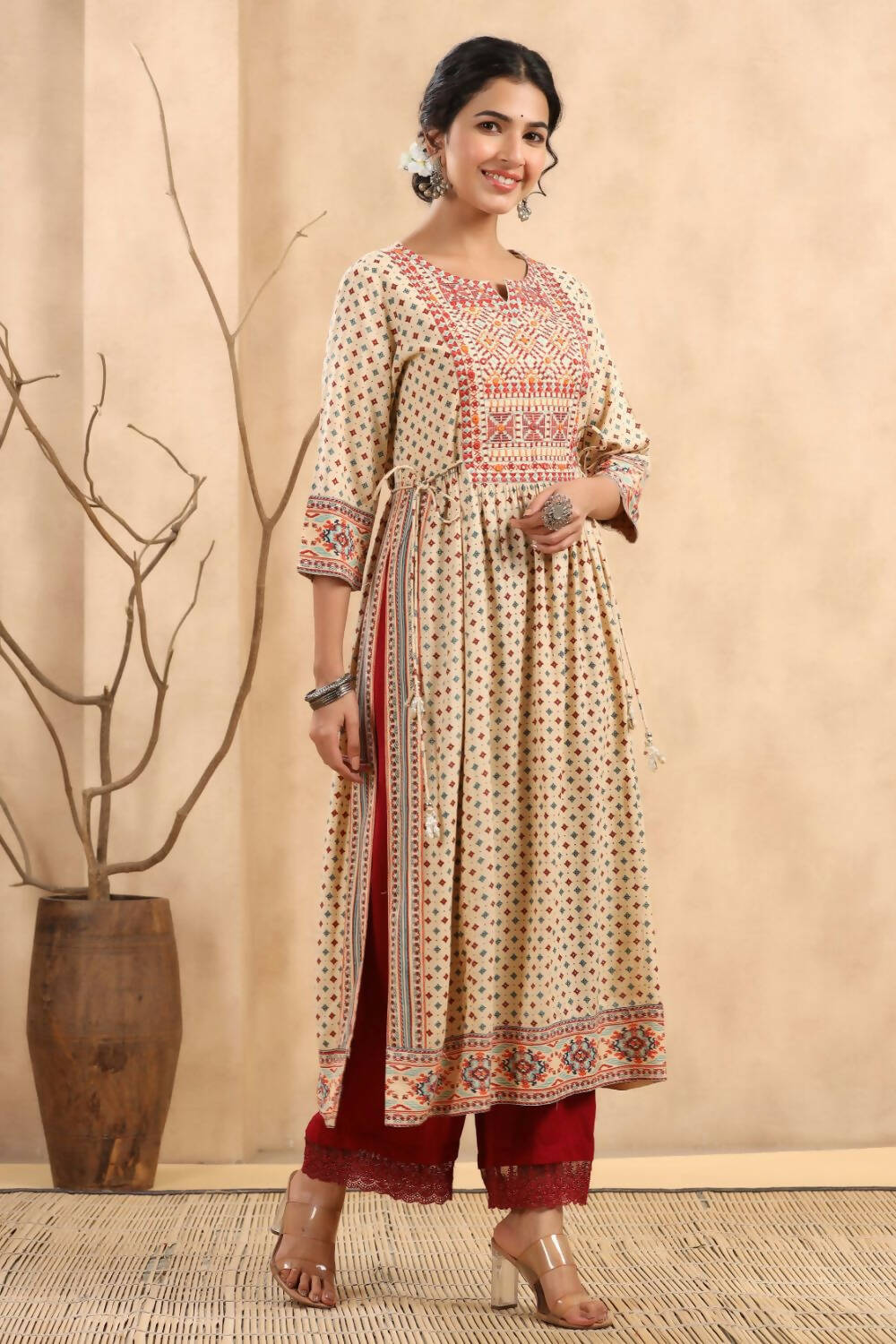 Juniper Women's Beige Rayon Printed Embroidered Straight Kurta