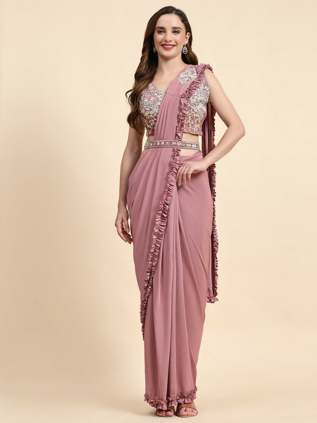 Pink Lycra Solid Ready to wear Saree with stitched Blouse - Vanita