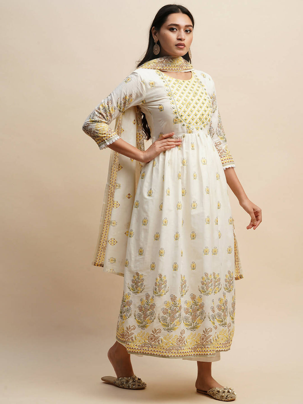 White And Yellow Pure Cotton Floral Printed Anarkali Kurta And Bottom With Dupatta - Akashara