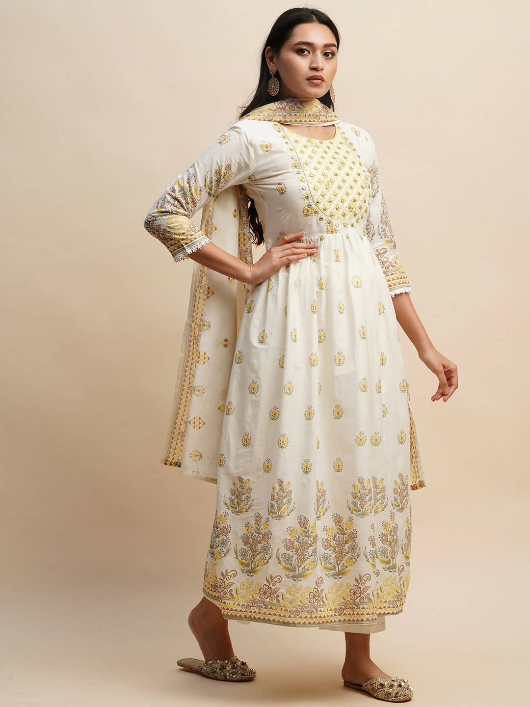 White And Yellow Pure Cotton Floral Printed Anarkali Kurta And Bottom With Dupatta - Akashara