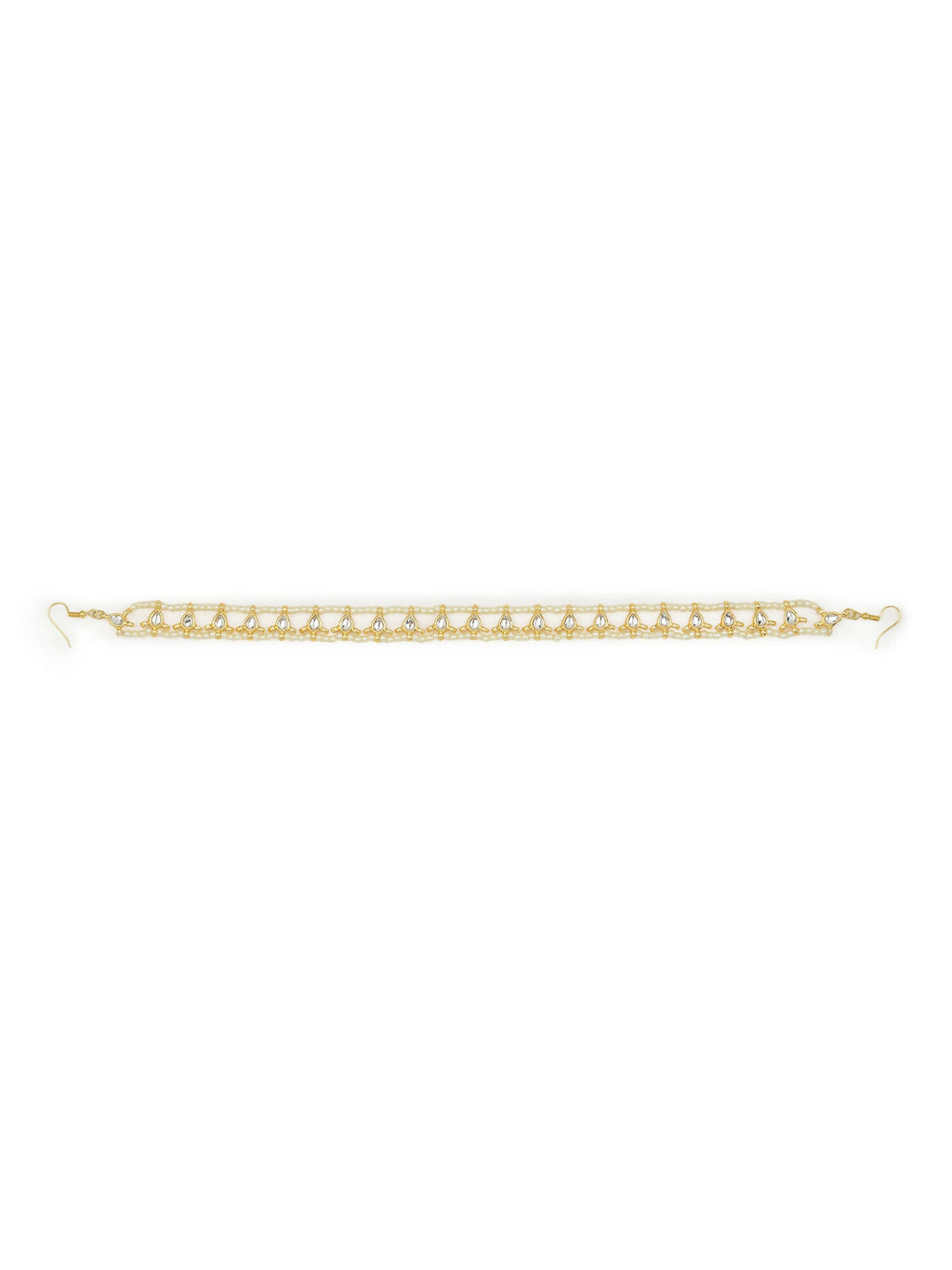 Gold-Polished White Kundan-Studded Pearl Beaded Hair Band - Ruby Raang