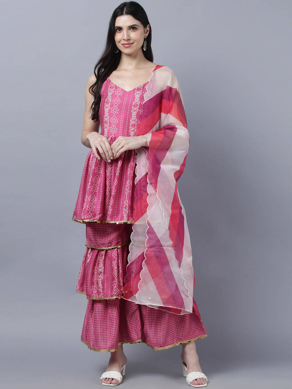 Myshka Stylish Pink Sleeveless Women's Kurta Sharara with Dupatta Set