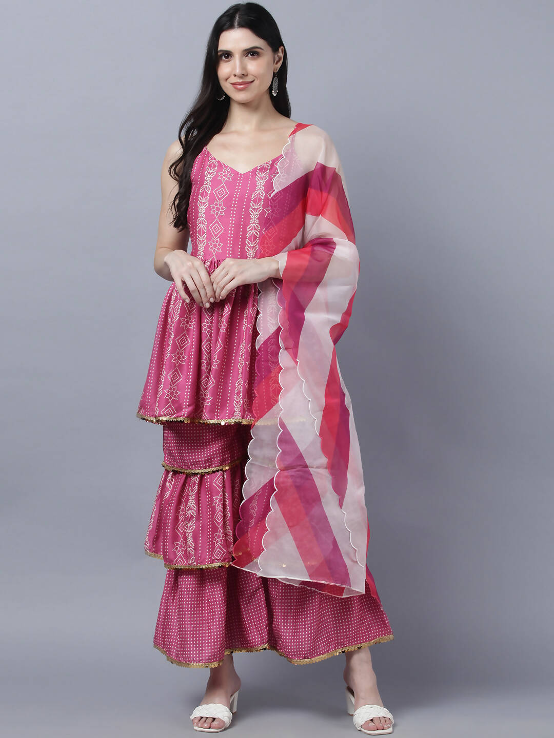 Myshka Stylish Pink Sleeveless Women's Kurta Sharara with Dupatta Set
