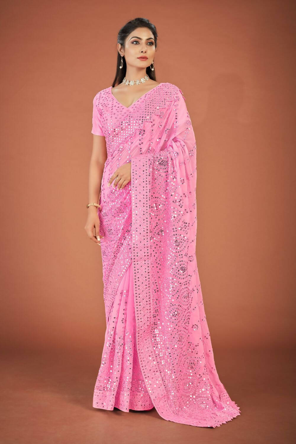 Vamsee Pink Georgette Designer Saree