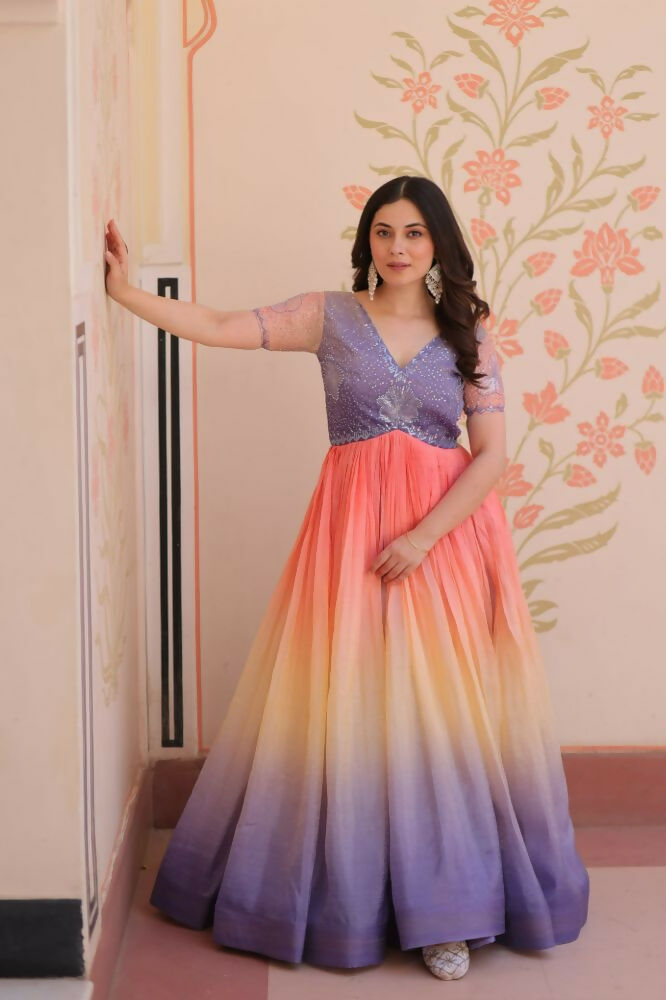 Vastranavya Purple Gold Crush Padding With Beads Embroidered Work Gown