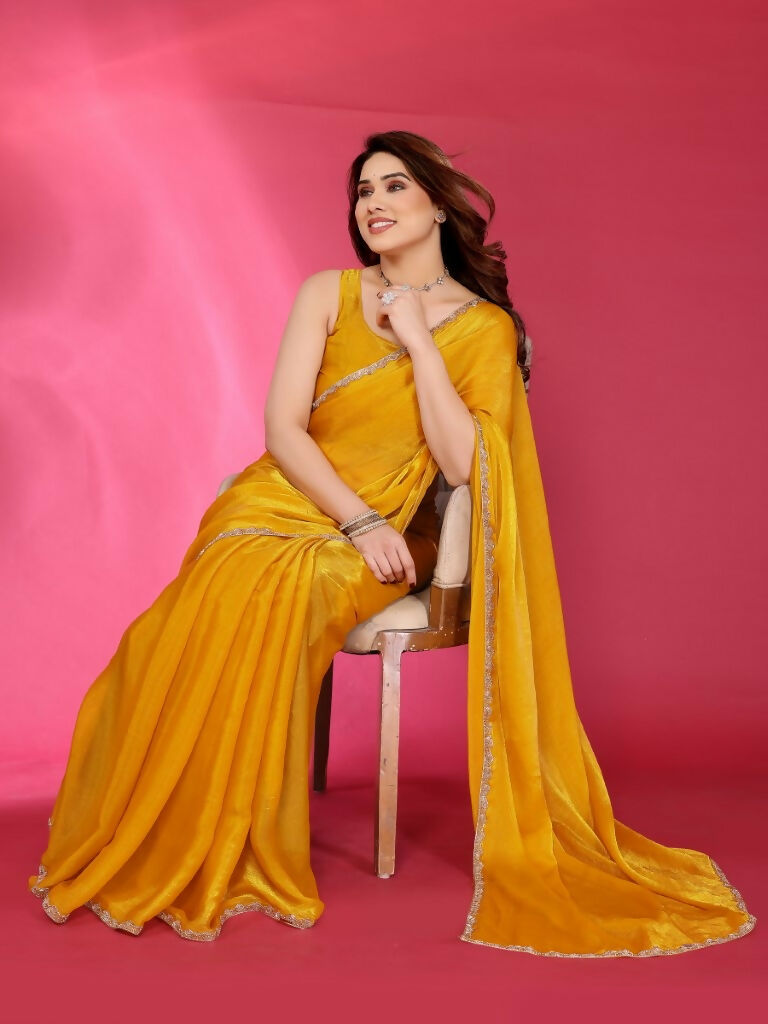 PR Fashion Yellow Jimmy Choo Fabric Palin With Work Lace Saree